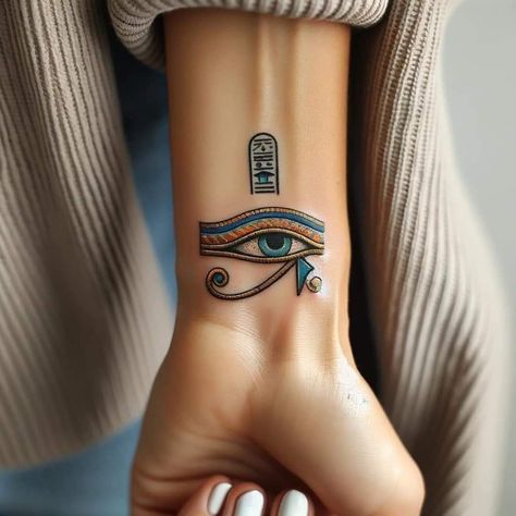 Cool Egyptian Tattoos, Tattoo For Abundance, Egyptian Evil Eye Tattoo, Egyptian Ankh Tattoo Design, Egypt Tattoo For Women, Eye Of Rah Tattoo, Ancestor Tattoo, Villain Tattoo Ideas, Spiritual Awakening Tattoo For Women