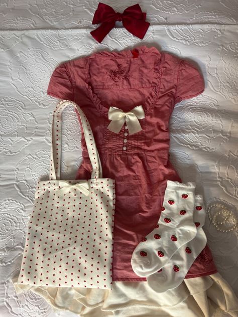 Strawberry Coquette Outfit, Cute Strawberry Outfit, Strawberry Girl Outfit, Strawberry Core Outfit, Strawberry Festival Outfits, Strawberry Shortcake Outfit Inspiration, Strawberry Aesthetic Outfit, Strawberry Dress Aesthetic, Strawberry Outfit Aesthetic