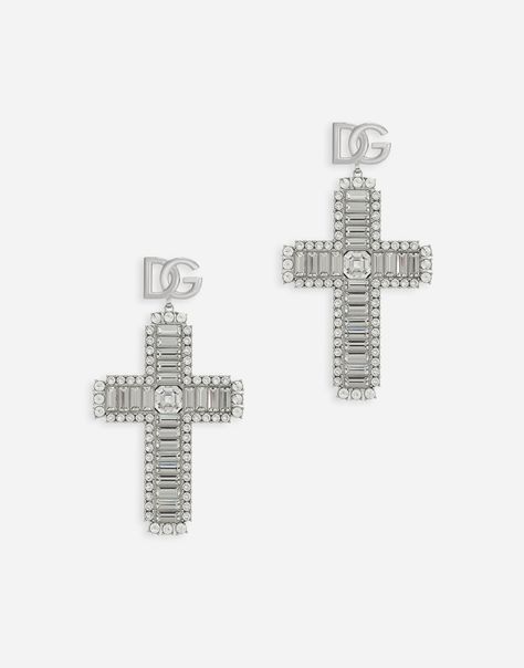 KIM DOLCE&GABBANA Cross earrings with rhinestone accents in Crystal for Women | Dolce&Gabbana® Pave Ear Cuff, Dolce And Gabbana Earrings, Creole Earrings, Dg Logo, Crystal Cross, Rhinestone Cross, Gold Pearl Earrings, White Crosses, Diamond Drop Earrings