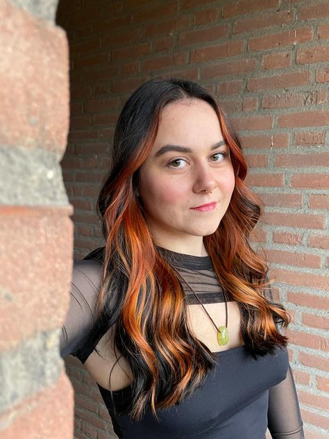 Peekaboo Hair Color Copper, Ginger Money Piece Hair Brunette, Half Ginger Half Brown Hair, Copper Peak A Boo Hair, Orange Brown Hair Color, Black And Copper Hair, Brown Orange Hair, Peak A Boo Hair, Copper Orange Hair