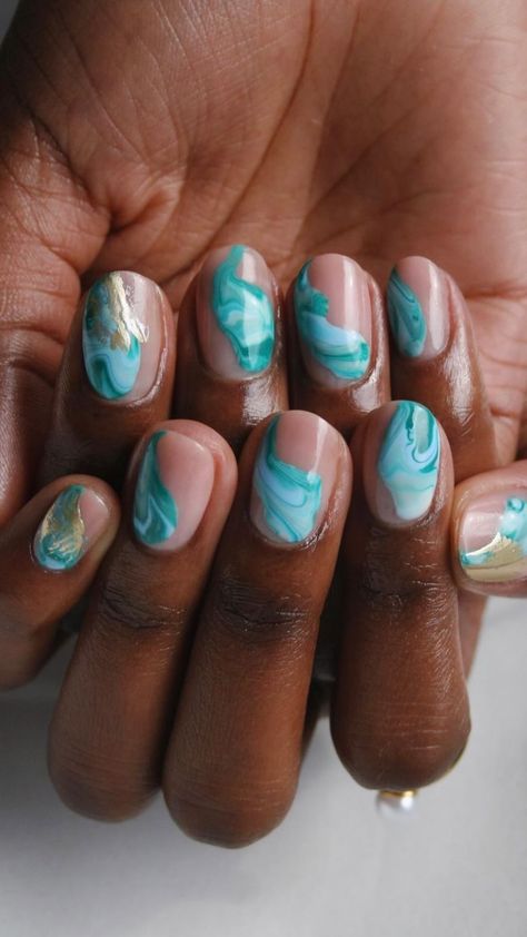 the_gelbottle_inc on Instagram: How satisfying is this marble nail art from Brand Ambassador @imarninails?! 😍 . Created using Peacock, Sky High, Vanilla, Gold FoilX Foil,… Peacock Nail Art, Peacock Nails, Turquoise Aesthetic, Turquoise Watercolor, Foil Nail Art, Water Color Nails, Sky Nails, Marble Nail, Yellow Marble