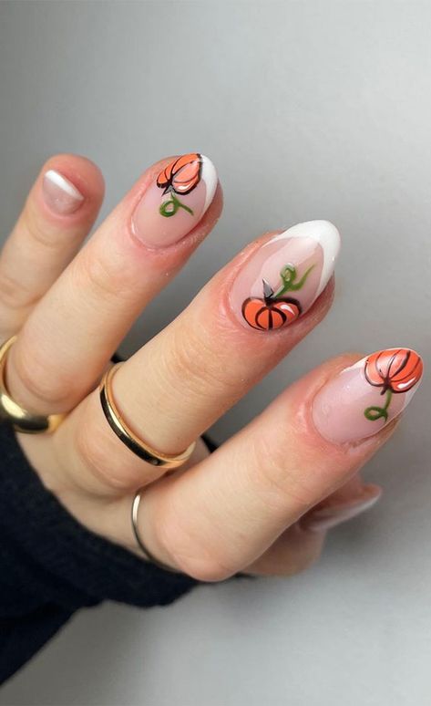 35 October Nail Art Designs : Mix and Match French Tip & Pumpkin Fall Pedicures, Pumpkin Nail Designs, Pumpkin Nail Art, Black Halloween Nails, Sheer Nails, Fall Manicure, Cute Halloween Nails, October Nails, Pumpkin Nails