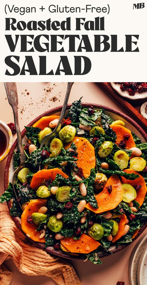 A nourishing, plant-based salad with butternut squash, Brussels sprouts, white beans, kale, and dried fruit in a zippy, apple cider vinaigrette. Just 30 minutes required! Fall Vegetable Salad, Salad With White Beans, Roasted Fall Vegetables, Butternut Squash Kale, Autumn Salad Recipes, Roasted Vegetable Salad, Squash Salad, Minimalist Baker, Fall Vegetables