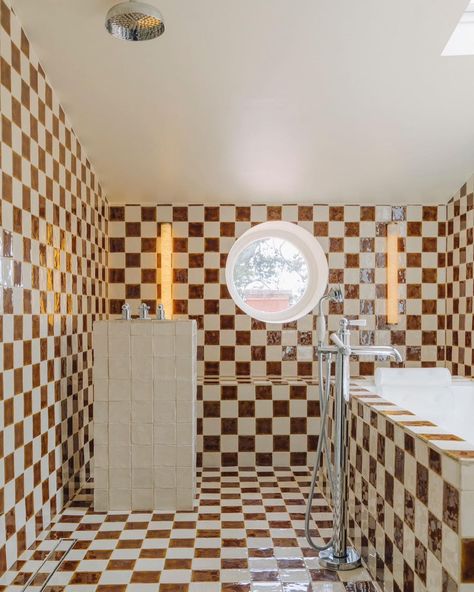 Sicilian Bathroom, Fun Tile Bathroom, Palm Springs Style Home, Fun Tile, Check Please, Check Mate, Chess Club, Contemporary Tile, Wet Room