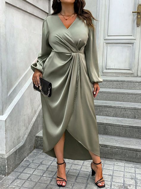 Plus Lantern Sleeve Wrap Hem Satin Dress Army Green Elegant  Long Sleeve Woven Fabric Plain A Line Non-Stretch  Women Plus Clothing, size features are:Bust: ,Length: ,Sleeve Length: Plus Size Cocktail Attire, Plus Size Satin Dress, Dresses For Curvy Women, Cocktail Dress Code, Wrap Front Dress, Cocktail Attire, Date Night Dresses, Embroidery Suits, Lantern Sleeve