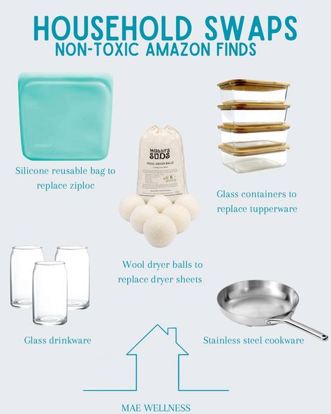 Here are some of my favorite easy swaps to create a cleaner household 🫧 1️⃣ silicone reusable sandwich bags to reduce plastics and waste- my favorite brand is @stasherbag 2️⃣ wool dryer balls are non-toxic, fragrance-free, and get the job done to eliminate wrinkles - favorite brand is @mollys_suds 3️⃣ glass containers to replace tupperware - this is a must swap for me especially for lunch on the go 4️⃣ glassware to replace plastic cups 5️⃣stainless steel cookware to replace Teflon - th... Mollys Suds, Non Toxic Household Swaps, Non Toxic Swaps, Non Toxic Food Swaps, Silicone Bags Reusable, Best Eco Friendly Cleaning Products, Toxic Household, Easy Swaps, Lunch On The Go