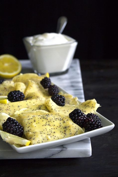 lemon poppy seed crepes Pancakes With Blueberry Sauce, Poppyseed Pancakes, Lemon Poppy Seed Pancakes, Poppy Seed Pancakes, Lemon Crepes, Crepe Ingredients, Lemon Poppyseed Pancakes, Blueberry Sauce, Lemon Poppy Seed