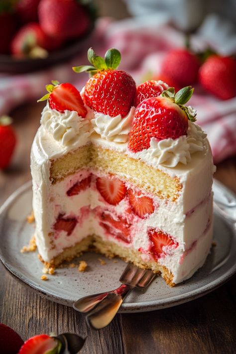 Strawberry Shortcake Cheesecake Cake Starberry Shortcake, The Best Strawberry Shortcake, Best Strawberry Shortcake, Strawberry Shortcake Dessert, Strawberry Shortcake Cheesecake, Strawberry Things, Fluffy Cake, Creamy Pudding, Pink Food