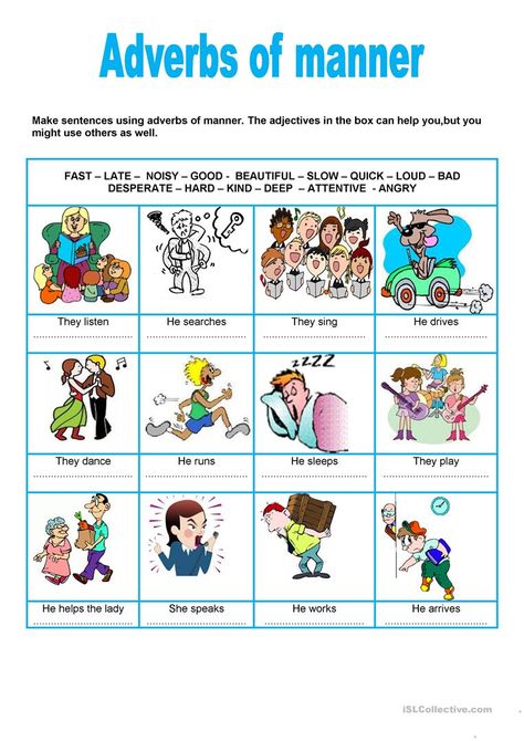 Adverbs of manner - English ESL Worksheets Adverb Of Manner, Adverbs Game, Adverbs Of Manner, Adverb Activities, Manners Activities, Adverbs Worksheet, Missing Letters, Clutter Free Classroom, English Teaching Materials