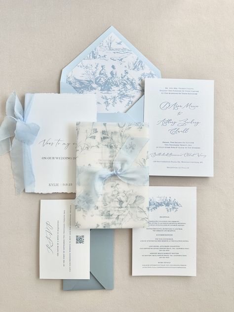 French Toile Wedding Invites, Garden Wedding Invitation Suite, Light Blue Wedding Invitation - Etsy Light Blue And White Wedding Arch, Dusty Blue Wedding Theme Invitations, Blue And Yellow Save The Date, Wedding Paper Suite, French Toile Wedding Invitations, Blue Toile Wedding Reception, French Chateau Wedding Invitations, Blue Themed Wedding Invitations, French Blue Bouquet