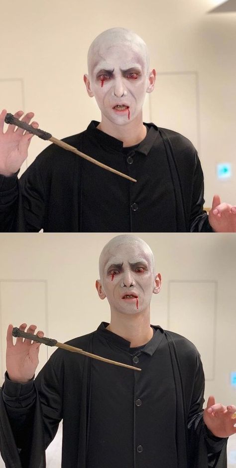 Voldemort Face Paint, Voldemort Halloween Costume, Voldemort Makeup Diy, Lord Voldemort Makeup, Kpop Halloween Costumes, Voldemort Makeup, Voldemort Costume, Harry Potter Kostüm, Halloween Costume Design