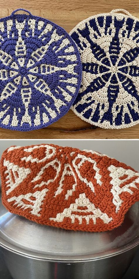 Crochet Housewarming Gift Free Pattern, Crochet Kitchen Accessories, Crocheted Pot Holders, Crochet For Kitchen, Crochet Pot Holders Free Pattern Easy, Pot Holder Crochet Pattern Free, Crochet Housewarming Gift, Crochet Housewarming, One Hour Crochet Projects