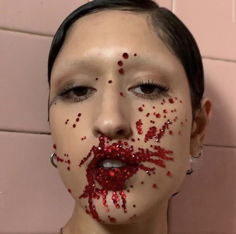 Blood Makeup, Gem Makeup, There Will Be Blood, Rhinestone Makeup, Red Makeup, Crazy Makeup, Halloween Inspo, Fantasias Halloween, Halloween Make Up