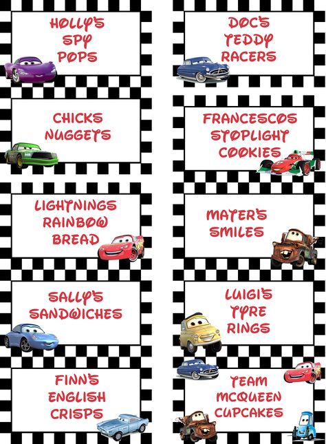 Cute food labels Lightning Mcqueen Food Labels, Lightning Mcqueen Birthday Food Ideas, Disney Cars Food Labels Free Printable, Lightning Mcqueen Birthday Party Ideas Food, Disney Cars Birthday Party Ideas Food, Cars Theme Birthday Party Food, Cars Bday Party Ideas, Lighting Mcqueen Birthday Party Ideas, Lightning Mcqueen Birthday Party Ideas