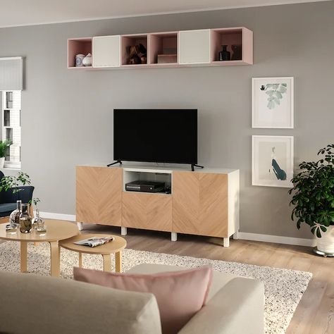 BESTÅ / EKET TV storage combination, white/oak veneer, 825/8x153/4x865/8" - IKEA Eket Tv, Eket Cabinet, Besta Tv, Broadmoor House, Ikea Tv, Room Revamp, Tv Bench, Tv Storage, Ikea Besta