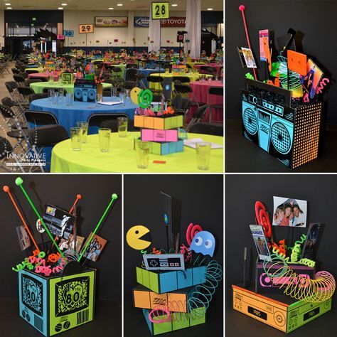 1980s centerpieces for a corporate 30th Anniversary held in fall of 2015… 30th Birthday Party Ideas, 90s Party Ideas, 90s Party Decorations, Decades Party, 80s Party Decorations, 80s Birthday Parties, 90s Theme Party, 80s Theme Party, 30th Birthday Party