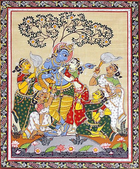 Radha Krishna with Four Gopinis (Orissa Paata Painting on Tussar Silk - Unframed)) Orissa Pattachitra, Pattachitra Saree, Pattachitra Art, Hindu Cosmos, Phad Painting, साईं बाबा, Indian Traditional Paintings, Bengali Art, Contemporary Folk Art