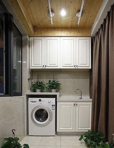 23 Tiny Laundry Room With Nature Touches | Home Design And Interior Outdoor Laundry Rooms, Landry Room, Small Washing Machine, Tiny Laundry Rooms, Kitchen Balcony, Laundry Decor, Kitchen Furniture Design, Balcony Design, Laundry Room Design