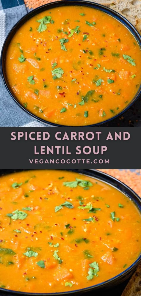 Carrot Lentil Soup, Carrot And Lentil Soup, Carrot Soup Recipes, Spiced Carrots, Vegetarian Soup Recipes, Lentil Soup Recipes, Vegan Soup Recipes, Tasty Vegetarian Recipes, Lentil Recipes