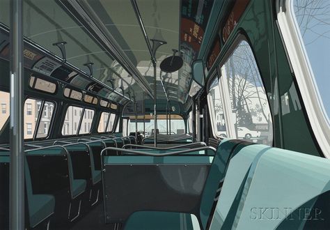 Photorealistic Paintings, Richard Estes, Exam Inspiration, Photography Installation, Bus Drawing, Bus Art, Room Paintings, Artist Birthday, Bus Interior