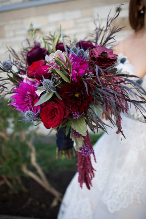 Dusty Blue And Magenta Wedding, Art Deco Bouquet, Jewel Tone Wedding Flowers, Magenta Wedding, Berry Wedding, Flower Colour, Heart Vase, Blue Wedding Bouquet, Dusty Blue Wedding