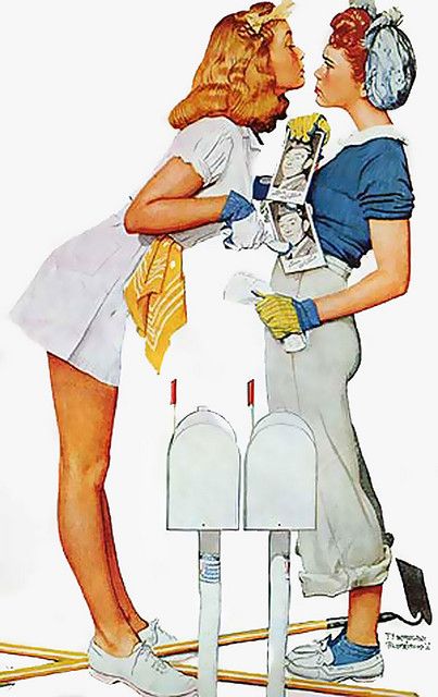 "Fighting Over Willie" ~ WWII era illustration by Norman Rockwell of two girls arguing over their 'shared' soldier boy, ca. 1940s. Norman Rockwell Art, Arte Pin Up, Rockwell Paintings, Norman Rockwell Paintings, Mail Boxes, Pinup Art, 캐릭터 드로잉, Pulp Art, Norman Rockwell