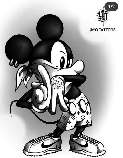 Gangster Mickey Mouse, Gangster Cartoon Characters, Mr Cartoon Tattoo, Gangster Drawings, Miki Mouse, Half Sleeve Tattoos Drawings, Cholo Art, Chicano Style Tattoo, Tattoo Outline Drawing