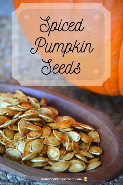 Spiced pumpkin seeds are a delicious, healthy, and super easy to make snack.  I begins by removing fresh seeds for the interior of a pumpkin.  Then you wash them off coat them in oil, and toss them in a spice mixture.  And finally you bake the seeds until they are nicely browned and crispy. Pumpkin Seeds Recipe, Pumpkin Seed Recipes, Roasted Pumpkin, Roasted Pumpkin Seeds, Spiced Pumpkin, Spice Recipes, Pumpkin Seeds, Pumpkin Recipes, Clean Eating Recipes