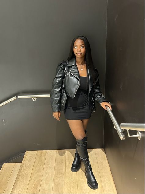 Thigh high boots, boots, leather jacket, balenciaga dupe, mini dress, minidress, dress, closure wig, outfit inspo, inspo, black women, blackwoman hairstyle, fit inspo Black Leather Thigh High Boots Outfit, Leather Boots Outfit Black Women, Black Thigh High Boots Outfit Club, Black Thigh High Boots Outfit Winter, Black Dress Thigh High Boots, Thigh High Leather Boots Outfit, Flat Thigh High Boots Outfit, Thigh High Boots Outfit Winter, Short Black Bodycon Dress