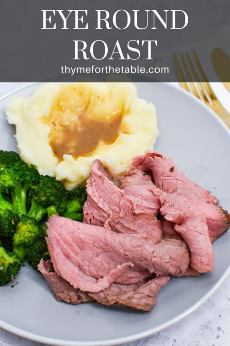 This is the best eye round roast recipe. If you are looking for the best way to cook eye of round roast, look no further! Eye round roast beef can be roasted fast or slow in the oven (both directions included)! The eye round roast is a good cut of beef if cooked and served correctly. There are a few tricks that can help ensure the slices of beef will be tender and not chewy. Make sure you check out those tips in the section labeled "How to Make Eye of Round Roast Tender." Eye Of Round Roast Recipes Oven, Eye Round Roast Recipe, Eye Of Round Roast Recipes, Cold Dinners, Round Roast Recipe, Steak Ideas, Eye Round Roast, Beef Barbacoa Slow Cooker, Eye Of Round Roast