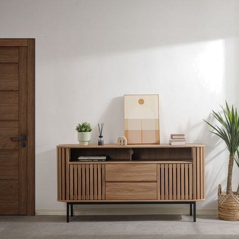 Renwick Sideboard 2 Drawers and 2 Doors - Bed Bath & Beyond - 39048385 Mid Century Coffee Table With Storage, Slatted Tv Unit, Tv Sideboard Ideas, Modern Sideboard Decor, Organic Mid Century Modern, Meja Aesthetic, Havenly Office, Sideboard Decor Ideas, Light Wood Sideboard