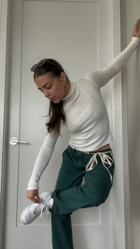 White sheer long sleeve knit, with emerald green vans pants tied with an off-white shoelace belt, and white  sneakers. Shoelace Belt Outfit, Shoelace Belt, Im Obsessed, You Never Know, Summer 2022, Staple Pieces, Come Back, In Style, Shoe Laces