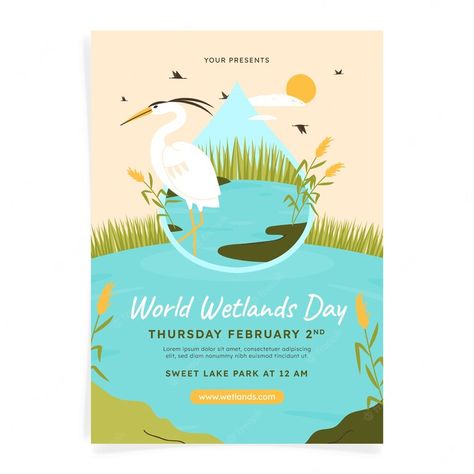 World Wetlands Day, Flat World, Banner Advertising, Vertical Poster, Lake Park, Simple Art, Poster Template, Premium Vector, Graphic Resources