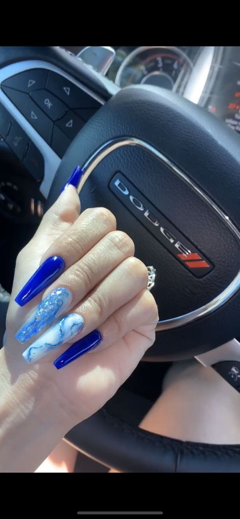 Nail Designs For Quinceanera, Blue Square Nail Designs, Quinceanera Royal Blue, Royal Blue Nails Designs, Blue Stiletto Nails, Marble Crystal, Blue Matte Nails, Acrylic Nail Designs Coffin, Quinceanera Nails