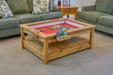 Gaming Coffee Table, Game Coffee Table, Coffee Table Games, Board Game Room, Board Games Diy, Coffee Table Plans, Puzzle Table, Board Game Table, Knotty Alder