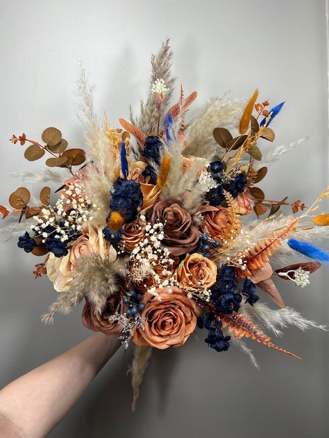 Navy Blue Wedding Bouquets, Teal Bouquet, Wildflower Bridal Bouquets, Rusting Wedding, Burnt Orange Weddings, Bridesmaids Bouquet, Blue Wedding Bouquet, Bridal Bouquet Fall, Rustic Bouquet