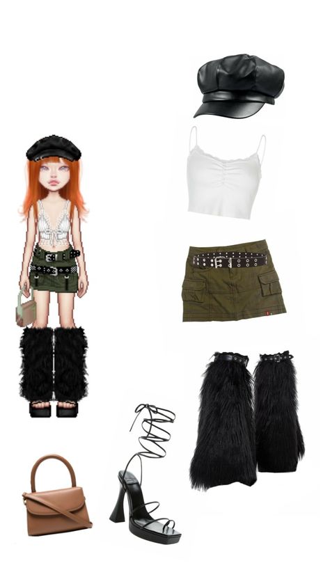 Y2k Beret Outfit, Outfits With Green Cargo Skirt, Green Cargo Skirt Outfits Y2k, Y2k Cargo Skirt, Brown Leg Warmers Outfit, Green Cargo Mini Skirt Outfit, Y2k Hat Outfit, Brown Cargo Skirt Outfit, Outfits With Berets