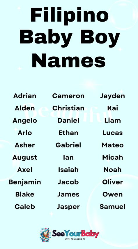 Explore Filipino baby boy names that are vibrant and full of life. Perfect for parents seeking a joyful and unique name for their son. Filipina Names, Filipino Names Boy, Filipino Names Girl, Filipino Names, Asian Boy Names, Hindu Names For Boys, Best Character Names, Creative Names, Aesthetic Names