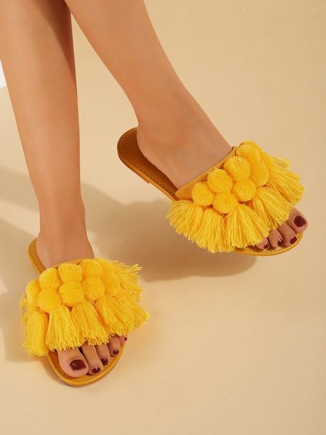 Yellow Funky Collar   Plain Slides Embellished   Women Shoes Macrame Shoes, Diy Heels, Pom Pom Decor, Pom Pom Sandals, Yellow Flats, Diy Sandals, Slide Shoes, Tassel Sandals, Diy Slippers