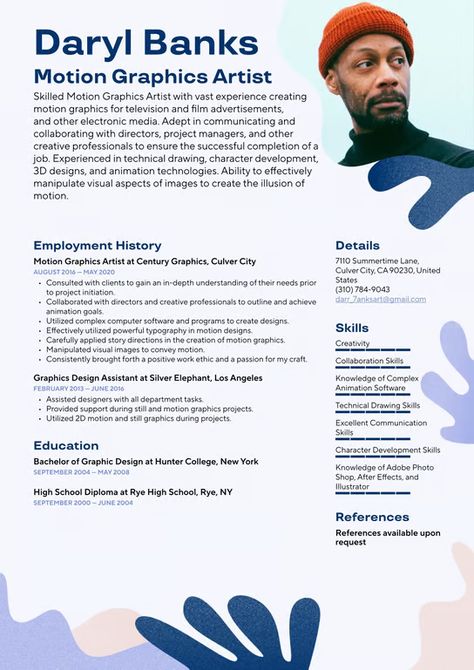 Motion Graphics Artist Resume Example & Writing Guide · Resume.io Graphic Resume, Artist Resume, Resume Summary Examples, Designer Resume, Video Resume, Writing Guide, Design Assistant, List Of Skills, Perfect Resume