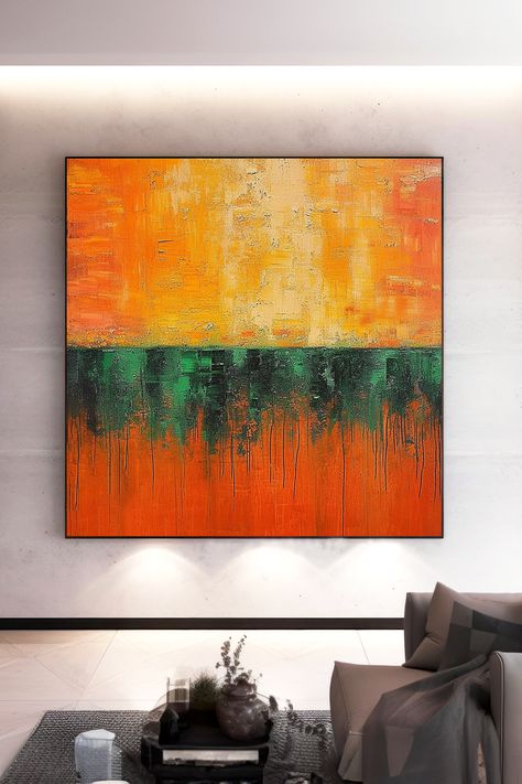 Vibrant abstract original handmade painting with orange, yellow, and green color blocks, featuring textured layers and dripping effects Green Orange Painting, Green Paintings, Green Tones, Abstract Painting Acrylic, Large Painting, Modern Artwork, Green And Orange, Color Pop, Abstract Painting