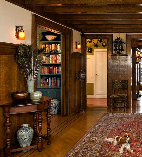 I love the wood panelling and the knights helmet in the hall way.  I really like this old english medieval home decor.  Its very warm and romantic Old English Decor, Medieval Home Decor, Craftsman Interiors, Arts And Crafts Interior Design, Arts And Crafts Interiors, Wood Panelling, Craftsman Interior, English Country Decor, Knights Helmet