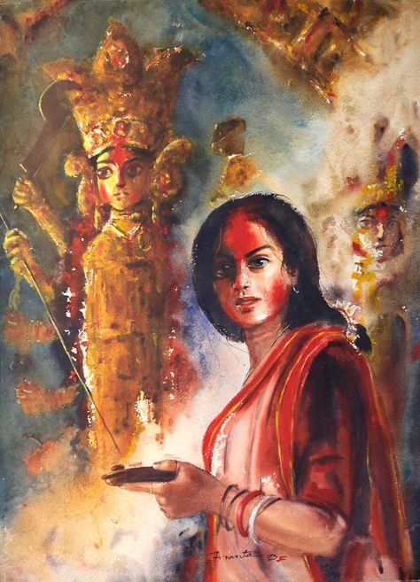 Indian Painters, Poem Illustration, Watercolor Indian, Durga Painting, Female Art Painting, Shiva Art, Indian Folk Art, Indian Artist, Indian Paintings