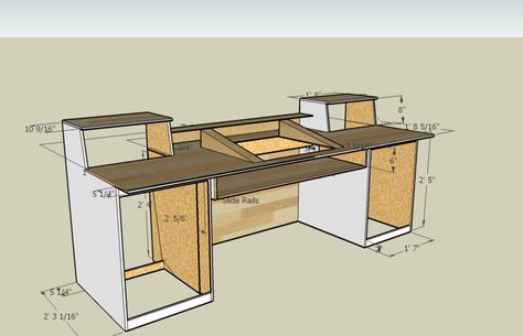 Measurements for a Recording Desk Build.  I think I'm going to build me one really close to this one. Recording Desk, Desk Build, Recording Studio Furniture, Recording Studio Desk, Home Studio Desk, Producer Studio, Audio Engineering, Dj Room, Home Studio Ideas