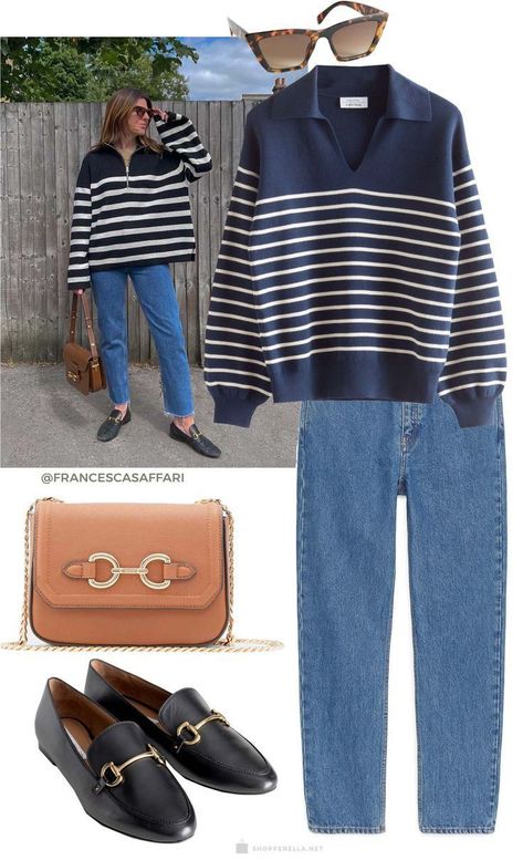 Grey Striped Sweater Outfit, Blue And White Striped Sweater Outfit, Striped Collared Shirt Outfit, Blue Striped Sweater Outfit, Stripped Sweater Outfits, How To Style Striped Shirt, White Striped Shirt Outfit, Stripped Outfit, Blue Blazer Outfit