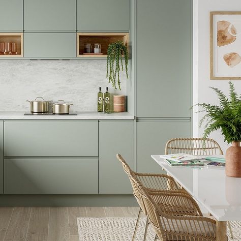 Japandi Kitchen Green, Muted Green Kitchen, Green And Grey Kitchen, Grey Green Kitchen, Small Kitchen Colors, Kitchen Unit Designs, Mint Kitchen, White Wood Kitchens, Functional Kitchen Design