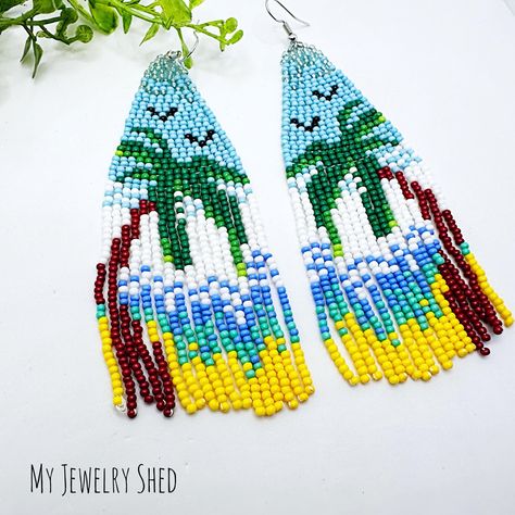 Palm Tree Fringe Earrings, Statement Long Earrings, Seed Bead Tassel Earrings, Handwoven, Tropical Vacation Earrings, Summer Jewelry by MyJewelryShed on Etsy Vacation Earrings, Seed Bead Tassel Earrings, Side Earrings, Bead Tassel Earrings, Christmas Beading, Beading Designs, Palm Tree Pattern, Beaded Tassel Earrings, Earrings Summer