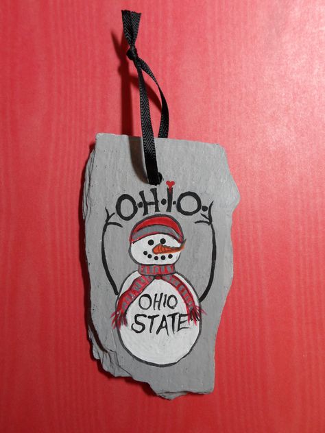 Hand painted Ohio State University OSU snowman ornament on slate rock with hat scarf #SoVeryMary Ohio State Diy, Buckeyes Crafts, Ohio State Art, Ohio State Ornaments, Ohio State Buckeyes Crafts, Ohio State Decor, Ohio State Crafts, Buckeye Crafts, Ohio State Gifts