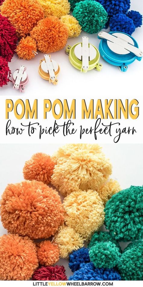 Need to make a lot of pom poms for an upcoming craft project? Not sure what yarn to use, or kind? Check our yarn pom pom guide to see a side by side comparison of different size yarns made with different size pom pom makers. #pompoms #easycraftideas #pompomcrafts #diycrafts #yarnprojects #pompommaker #pompomyarn Yarn Pom Poms, Pompon Diy, Pom Crafts, Pom Pom Rug, Crafts For Teens To Make, Diy Pom Pom, How To Make A Pom Pom, Pom Pom Maker, Yarn Pom Pom