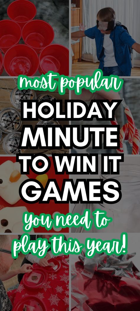 Christmas Minute To Win It Games For Kids And Adults (FUN HOLIDAY GAME IDEAS) - funny group games for families, Christmas party games, or Christmas Eve activities. Great games for kids Christmas parties or holiday kids activities too or youth group Christmas game ideas! #minutetowinit #christmasgames #holidaygame #partygames #challengegame Holiday Game Ideas, Funny Group Games, Holiday Kids Activities, New Year's Eve Games For Family, Minute To Win It Games Christmas, Minute To Win It Christmas, Christmas Minute To Win It, Christmas Party Games For Groups, Funny Christmas Party Games